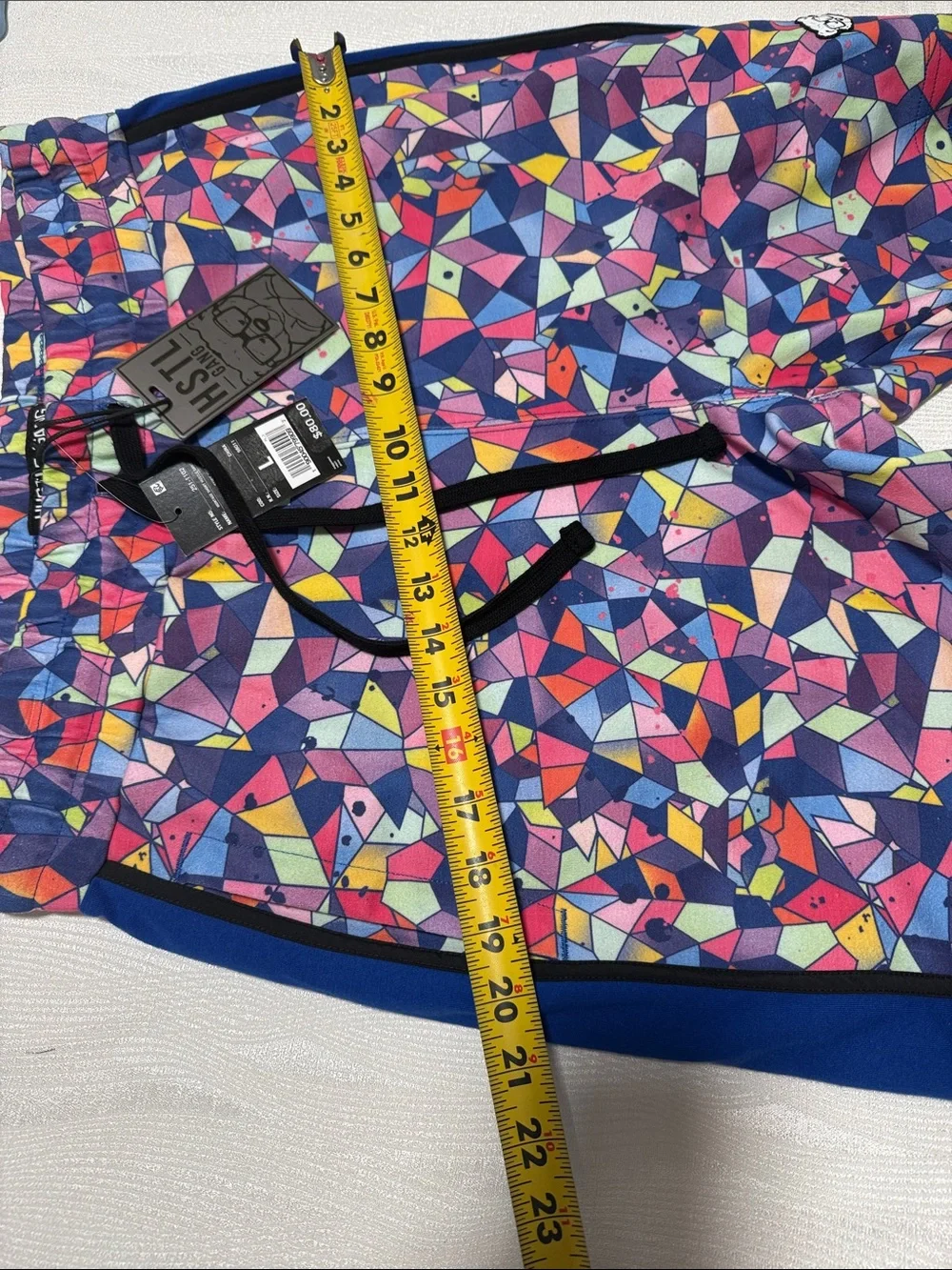 HUSTLE GANG Men Multicolor Mosaic Athletic Shorts with Blue Side Panels size L